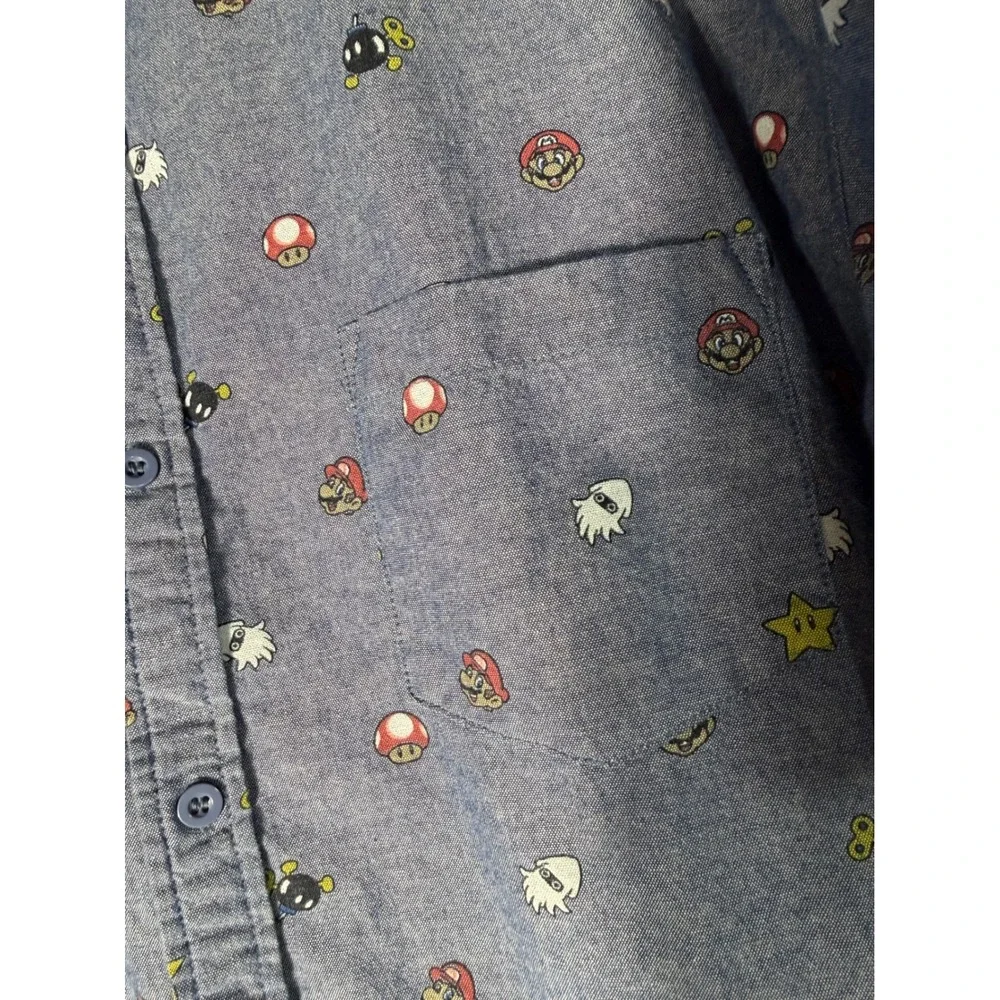 Nintendo Super Mario Bros Mens XL Blue Chambray Short Sleeve Button Down Shirt - Picture 3 of 11